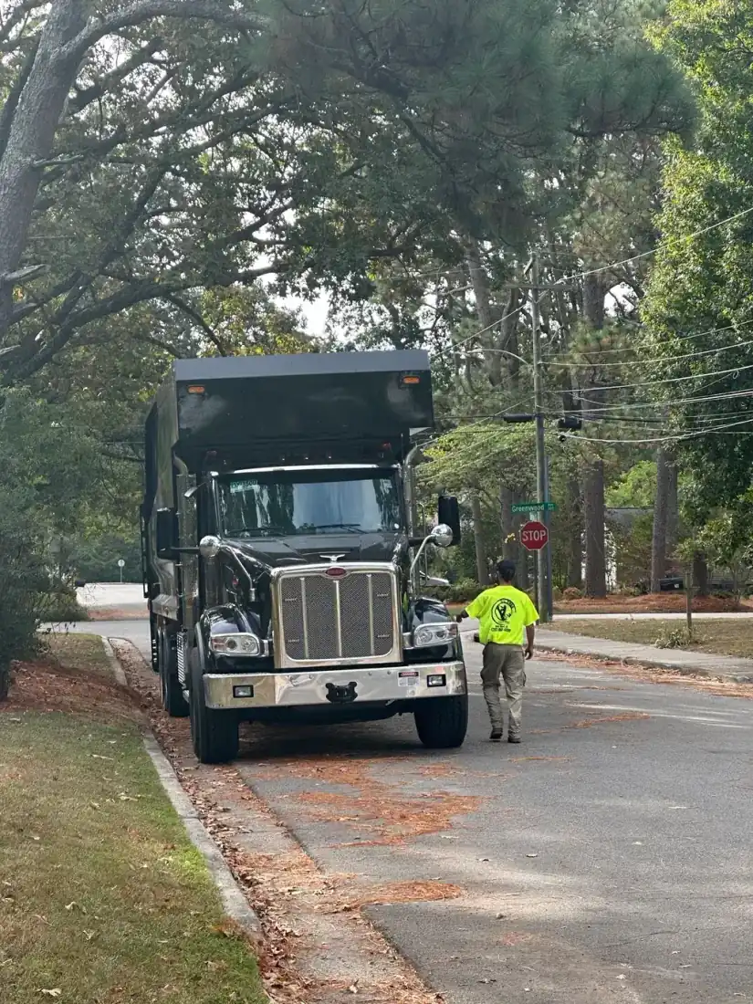 DC Tree Cutting crew in hi-vis gear next to grapple truck on residential job