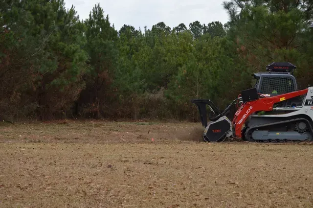 Forestry mulcher at treeline with cleared ground behind
