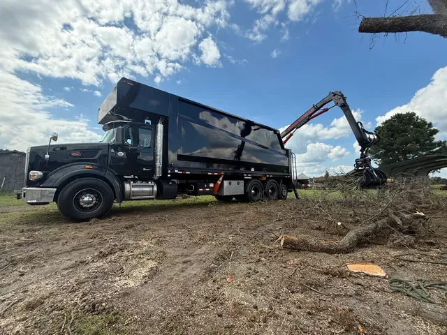 Crane extended over tree in Tarboro neighborhood