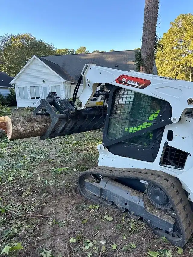 Bobcat skid steer grabbing a felled tree trunk on a residential lawn